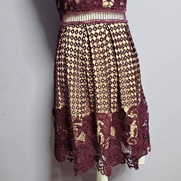 LA ROPERIA Pleated Cream w/Maroon Crochet Overlay Midi Dress - Picture 5 of 10